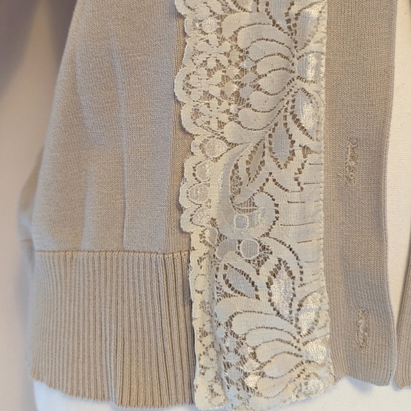August Silk blend cardigan button down lace trim beige cream Med/large - Picture 11 of 15